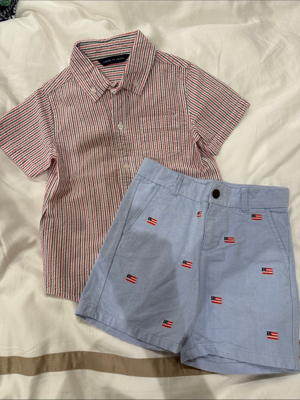 Janie and Jack Red Stripe Button-Down with Light Blue Flag Embroidered Shorts
